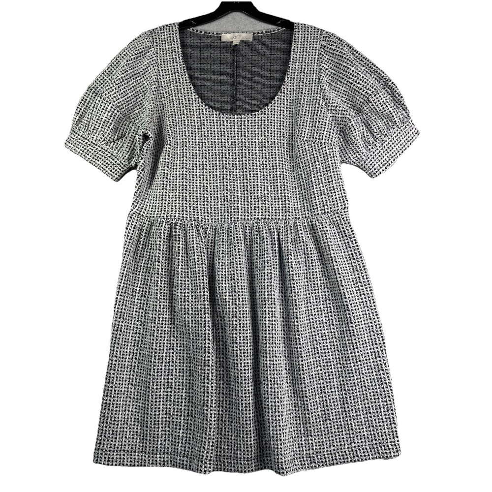 Loft Petites Textured Black White Puff Sleeve Dress Women's Large Empire Waist